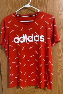Adidas Red All Over Print Logo Graphic Men's T-Shirt L